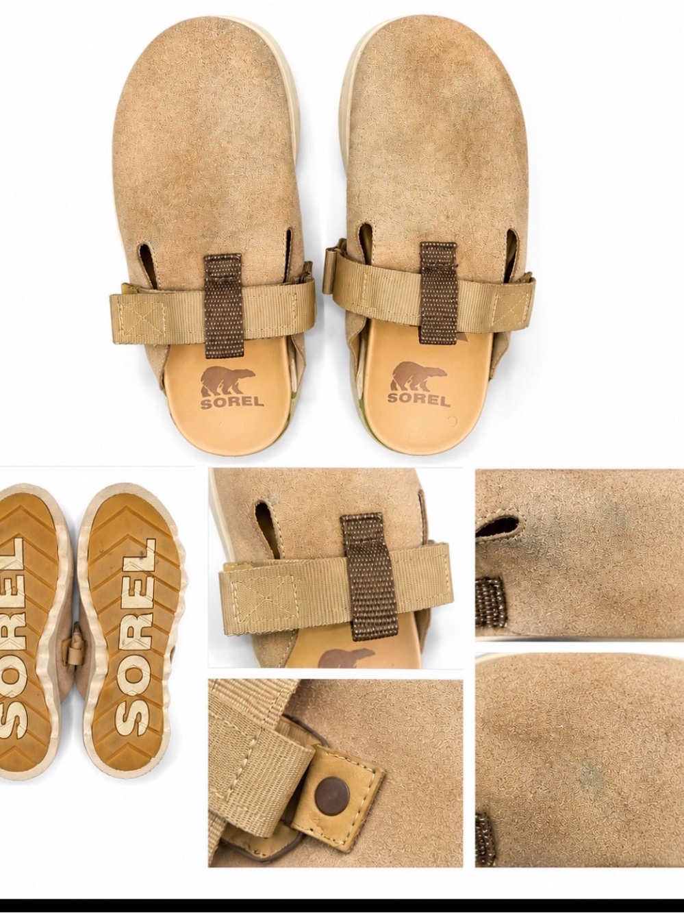 Sorel Tan and Brown Suede Strap Sandals